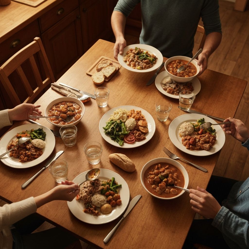 Warm family dinner table setting with home-cooked food
