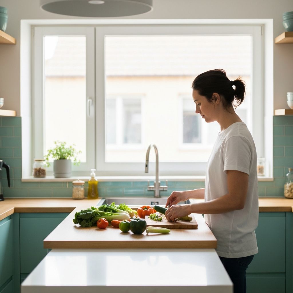 Person preparing a balanced meal in a modern kitchen